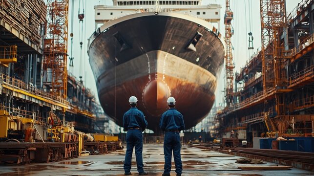 Workers Observing Large Ship Being Constructed in Shipyard with Cranes and Industrial Equipment Surrounding Them