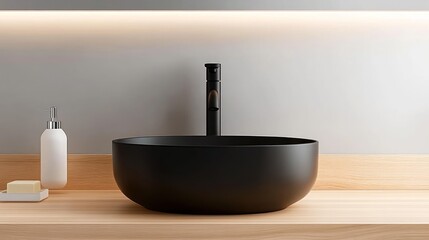 Modern Bathroom Vanity with Stylish Black Vessel Sink and Faucet on Wooden Countertop