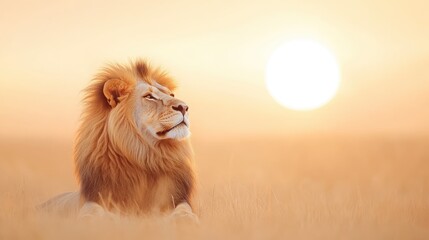 Majestic lion lying in golden grass at sunset, embodying tranquility and strength in nature's beauty