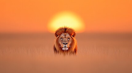 Majestic lion standing in tall grass at sunset, showcasing nature's beauty and tranquility