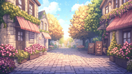 Fototapeta premium Charming Village Street Scene with Colorful Flowers