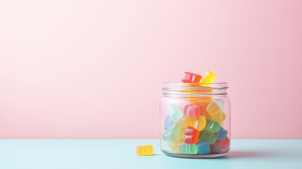 A clear jar of colorful gummy vitamins on pastel background for family-friendly appeal