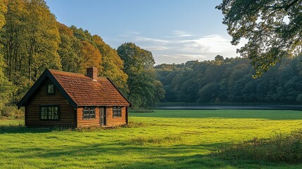 Obraz premium Wooden Cabin Nestled in Autumnal Woodland Landscape