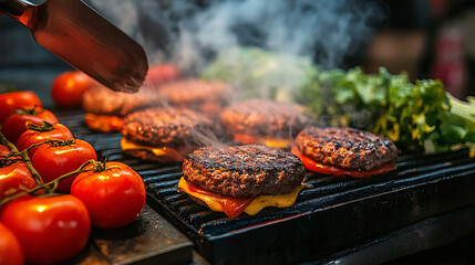 A juicy cheeseburger stacked with layers of grilled beef, cheddar cheese, fresh lettuce, and tomato, served on a toasted bun with melted butter.