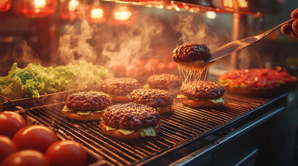 A mouthwatering close-up of a sizzling Korean barbecue, with marinated beef cooking alongside fresh onions, green onions, and mushrooms over an open flame.