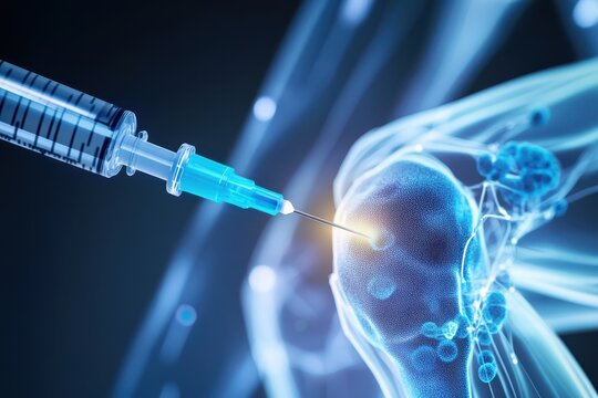 A close-up of high-tech syringe injecting stem cells into knee joint for regeneration