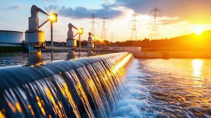 Water flowing over a dam with bright sunset sky and power lines in the background, capturing the serene beauty of renewable energy and nature