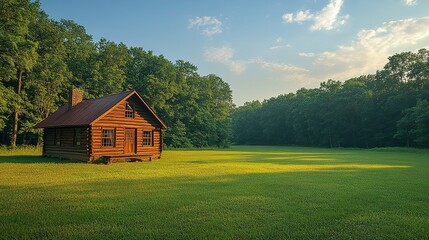 Obraz premium Rustic Log Cabin in a Lush Green Meadow