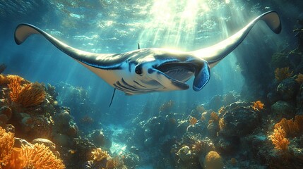 Majestic manta ray gliding through vibrant coral reef under shimmering sunlight