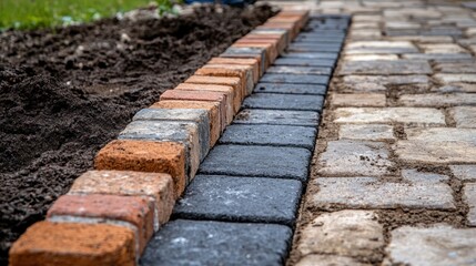 New pathway installation with colorful bricks in garden area