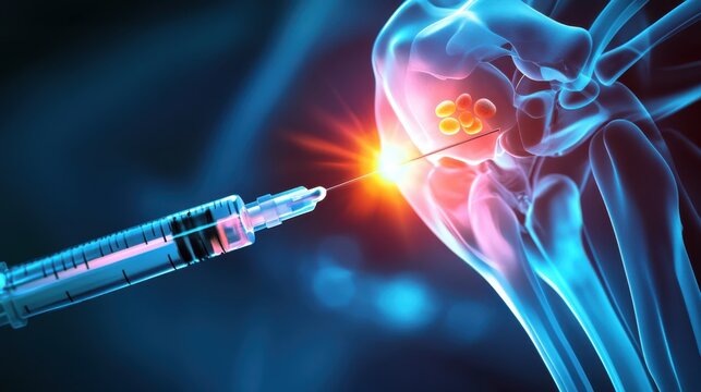A close-up of high-tech syringe injecting stem cells into knee joint for regeneration