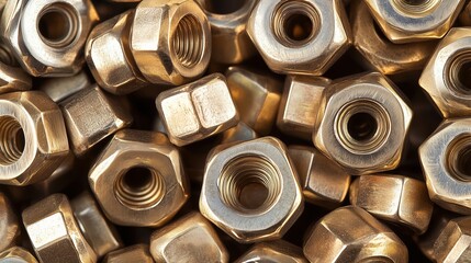 Close-Up View of Steel Nuts and Bolts in Various Textures and Designs, Highlighting Metallic Finish and Intricate Details in Industrial Setting