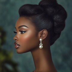 Elegant black woman with pearl earrings and high bun hairstyle.