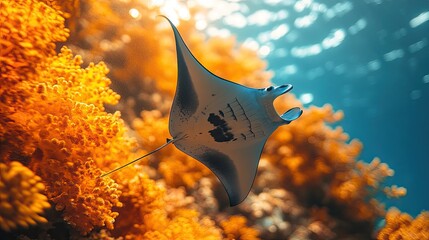 Majestic manta ray gliding gracefully through vibrant coral reef underwater scene (1)