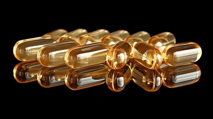 Fototapeta premium A close-up of golden Omega-3 soft gel capsules on a reflective surface