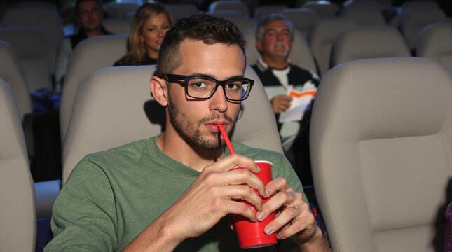 Young man with glasses sipping soda in a movie theater, surrounded by other audience members in the background. Concept of entertainment and leisure. Ai generative