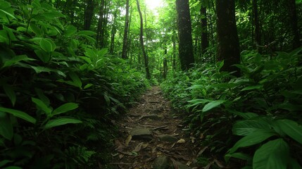 Obraz premium A narrow path winds through a dense, green forest, illuminated by soft sunlight filtering through the lush foliage.