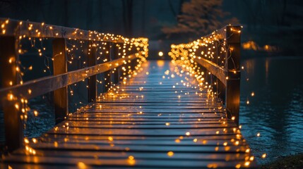 Serene wooden bridge adorned with glowing lights at dusk