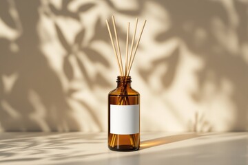 Fototapeta premium Brown glass aromatherapy diffuser bottle with reeds, blank label for branding, placed on a surface with soft shadows on a light neutral background. Ai generative