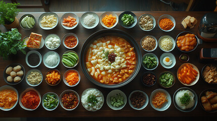 A vibrant overhead shot of an assortment of Korean side dishes and condiments arranged around a hot, steaming bowl of traditional kimchi stew in a rich, spicy broth.
