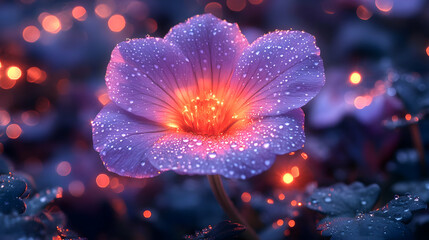 Glowing Purple Flower With Dew Drops At Night