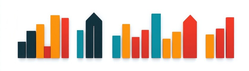 A colorful graphic representation of urban skyline silhouettes, showcasing a variety of building shapes and heights.