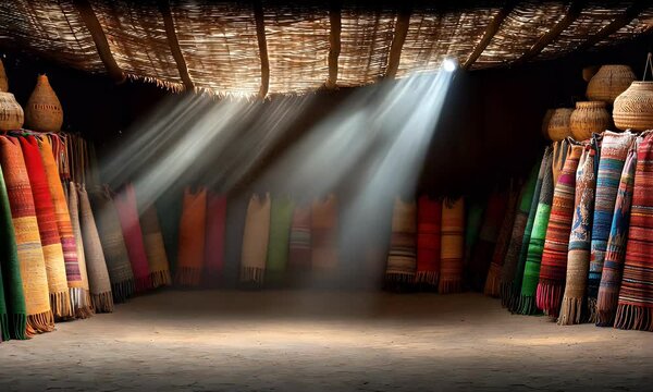 Sunlit Berber tent, colorful rugs, crafts, desert