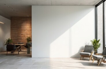 Fototapeta premium Modern Office Space with Large Window, LightColored Tiles, White Walls, Armchairs, and Potted Plants Creating Bright, Airy Atmosphere
