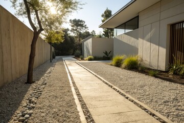 Fototapeta premium Stunning Gravel Pathway Architecture: Sun-Drenched Stone & Shadow Play