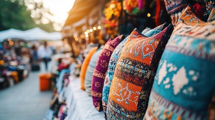 Colorful cushions displayed at a vibrant market during sunset