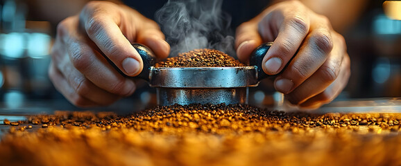 Close Up Of Hands Tamping Coffee Beans