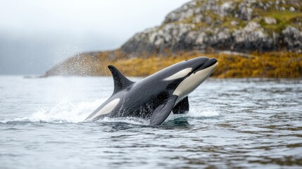 Majestic orca breaching the surface in serene coastal waters with rocky backdrop and mist