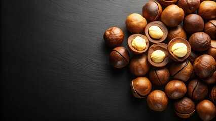 close-up shot of macadamia nuts on a dark background. perfect for food blogs, packaging, or culinary publications. high-resolution image.