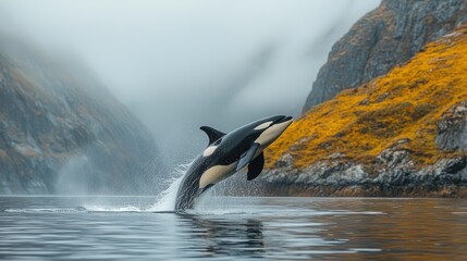 Majestic orca breaching the surface of a serene fjord surrounded by misty mountains and autumn foliage