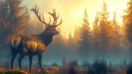 Majestic stag standing in a misty forest at dawn, surrounded by golden autumn foliage