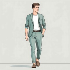 Fototapeta premium Flat Design Character An elegant business man walking wearing a stylish outfit, poised for a successful day at work or a meeting.