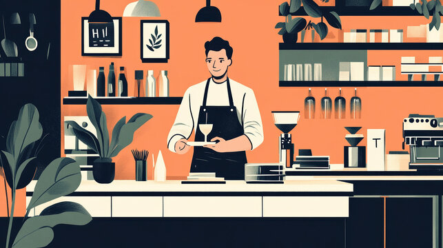 Modern Coffee Shop Illustration with Barista Preparing a Drink Amidst Stylish Decor