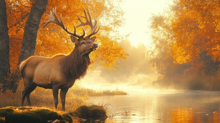 Majestic stag standing by a serene river in a vibrant autumn forest at sunrise