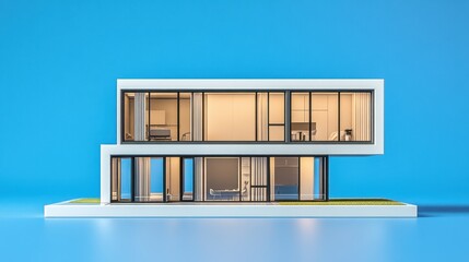 A futuristic house model with expansive glass windows and sleek surfaces, displayed against a professional blue backdrop.