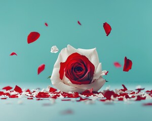 Close-up of a rose with petals transitioning from deep red to white
