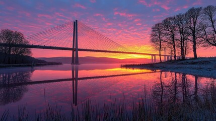 Stunning sunset over a tranquil river with a modern bridge reflecting on the water