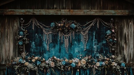 Rustic barn wedding backdrop, floral arrangement, ceremony, teal, macrame