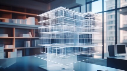 Holographic 3D building model on desk in modern office.