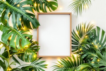 Blank wooden frame surrounded by green monstera and palm leaves with warm fairy lights on a light background. Concept for nature-inspired presentation. Ai generative