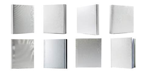 Blank Book Covers in Various Positions with Reflections and Shadows, isolated on transparent background