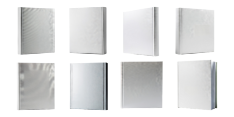 Blank Book Covers in Various Positions with Reflections and Shadows, isolated on transparent background