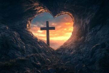 photo of heart-shaped cave with the cross outside, symbolizing Jesus love and presence during Easter  © Snowstudio