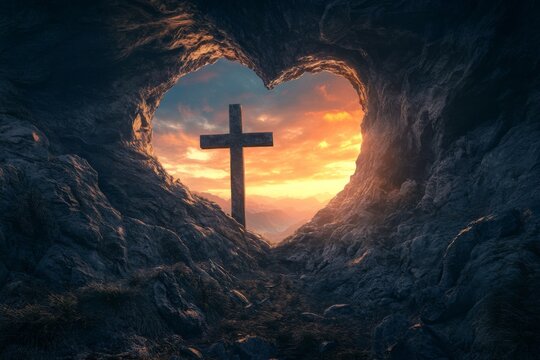 photo of heart-shaped cave with the cross outside, symbolizing Jesus love and presence during Easter 