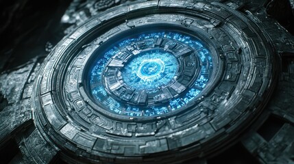 Obraz premium Glowing Sci-Fi Artifact, Ancient Ruins, Blue Energy Core, Futuristic Background, Game Design