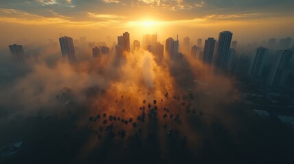 Aerial view of a city skyline at sunset, with mist rising over palm trees and buildings